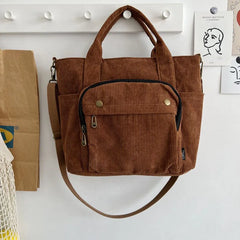 Women Corduroy Shoulder Tote Handbag Canvas Messenger Zipper Bag