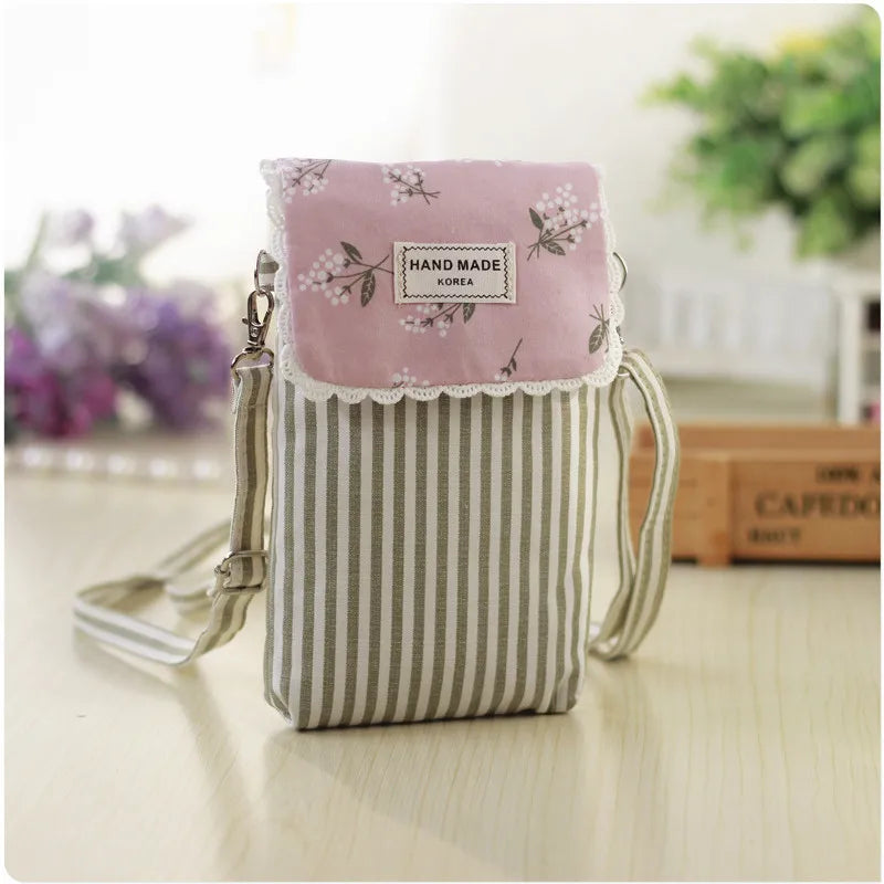 Women Striped Crossbody Bag Canvas Shoulder Small Mobile Phone Bag Girls