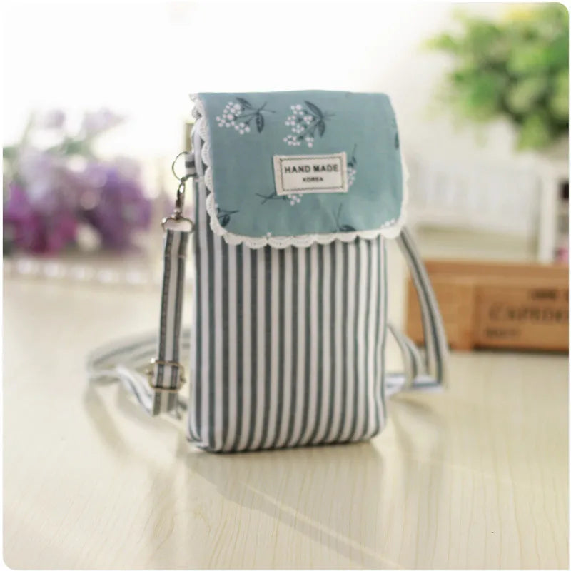 Women Striped Crossbody Bag Canvas Shoulder Small Mobile Phone Bag Girls