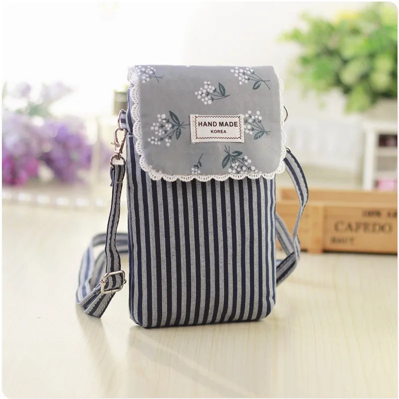Women Striped Crossbody Bag Canvas Shoulder Small Mobile Phone Bag Girls