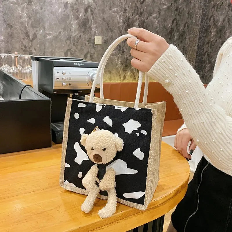 Embroidery Bear Handbag Soft Plush Tote Cloth Shopper Bags Eco Shoulder Bag