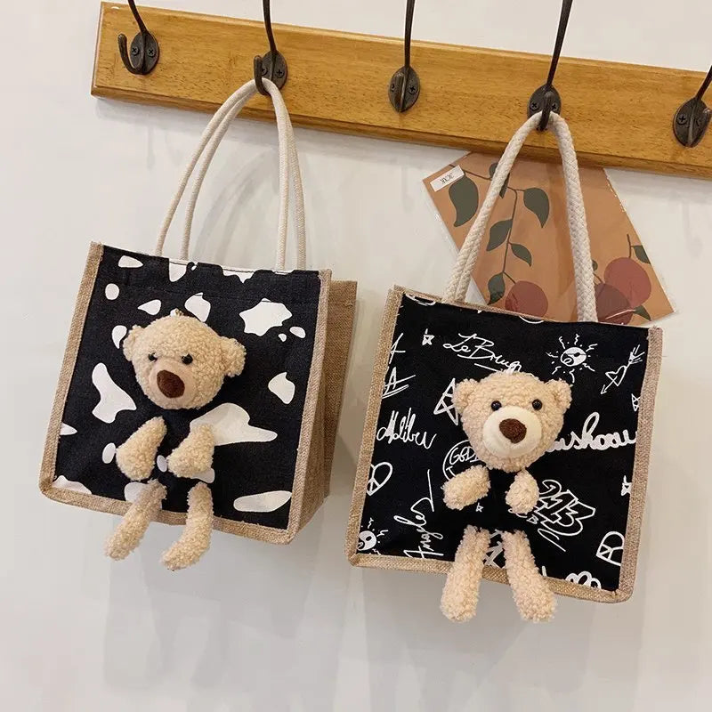 Embroidery Bear Handbag Soft Plush Tote Cloth Shopper Bags Eco Shoulder Bag