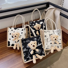 Embroidery Bear Handbag Soft Plush Tote Cloth Shopper Bags Eco Shoulder Bag