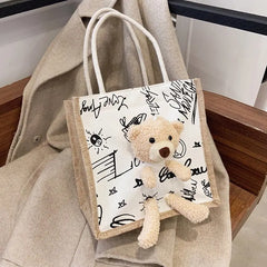 Embroidery Bear Handbag Soft Plush Tote Cloth Shopper Bags Eco Shoulder Bag