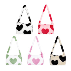 Heart Print Shoulder Bag Winter Soft Plush Crossbody Warm Fluffy Underarm Travel