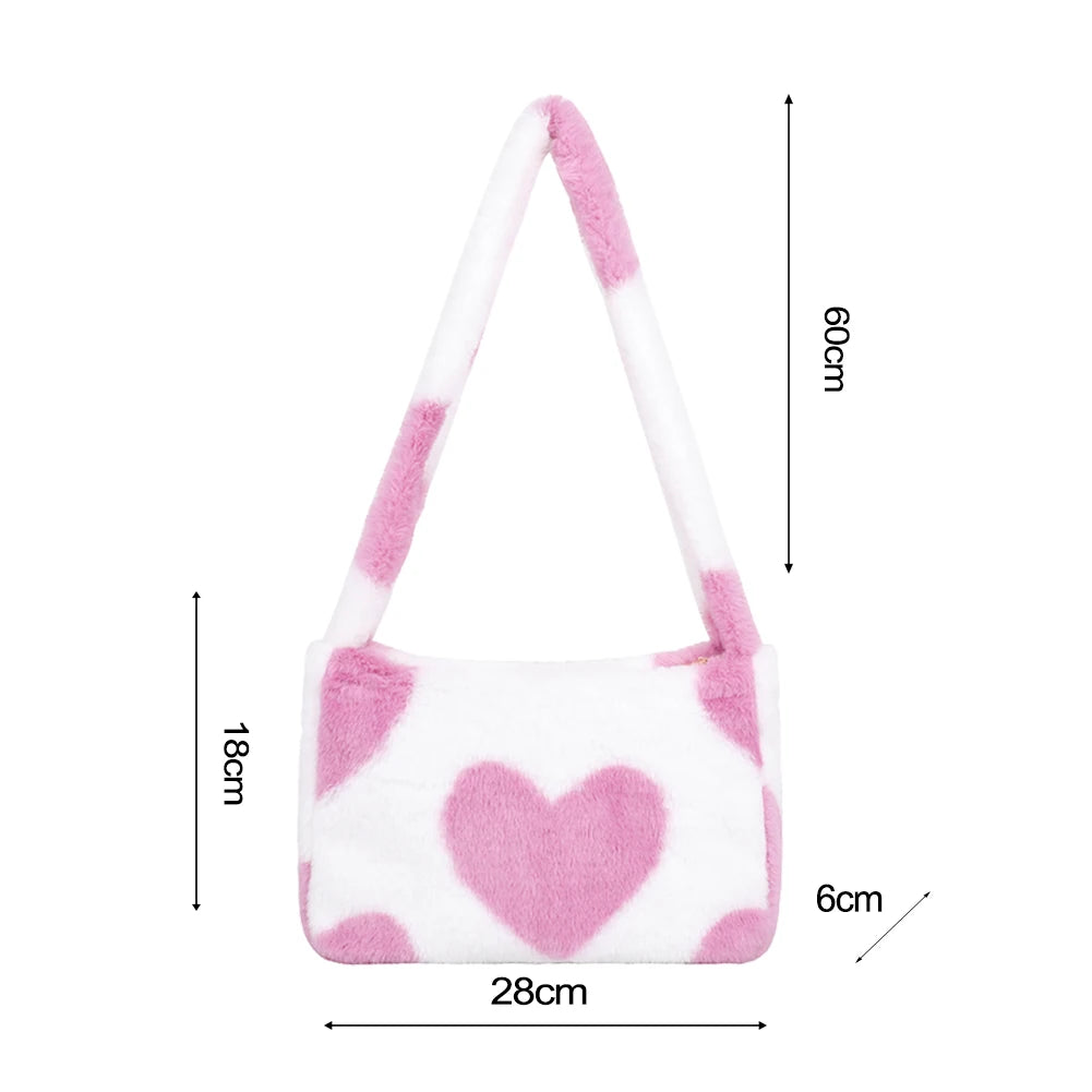 Heart Print Shoulder Bag Winter Soft Plush Crossbody Warm Fluffy Underarm Travel