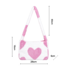 Heart Print Shoulder Bag Winter Soft Plush Crossbody Warm Fluffy Underarm Travel