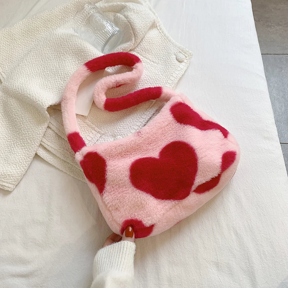 Heart Print Shoulder Bag Winter Soft Plush Crossbody Warm Fluffy Underarm Travel