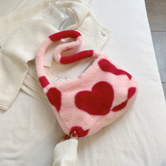 Heart Print Shoulder Bag Winter Soft Plush Crossbody Warm Fluffy Underarm Travel