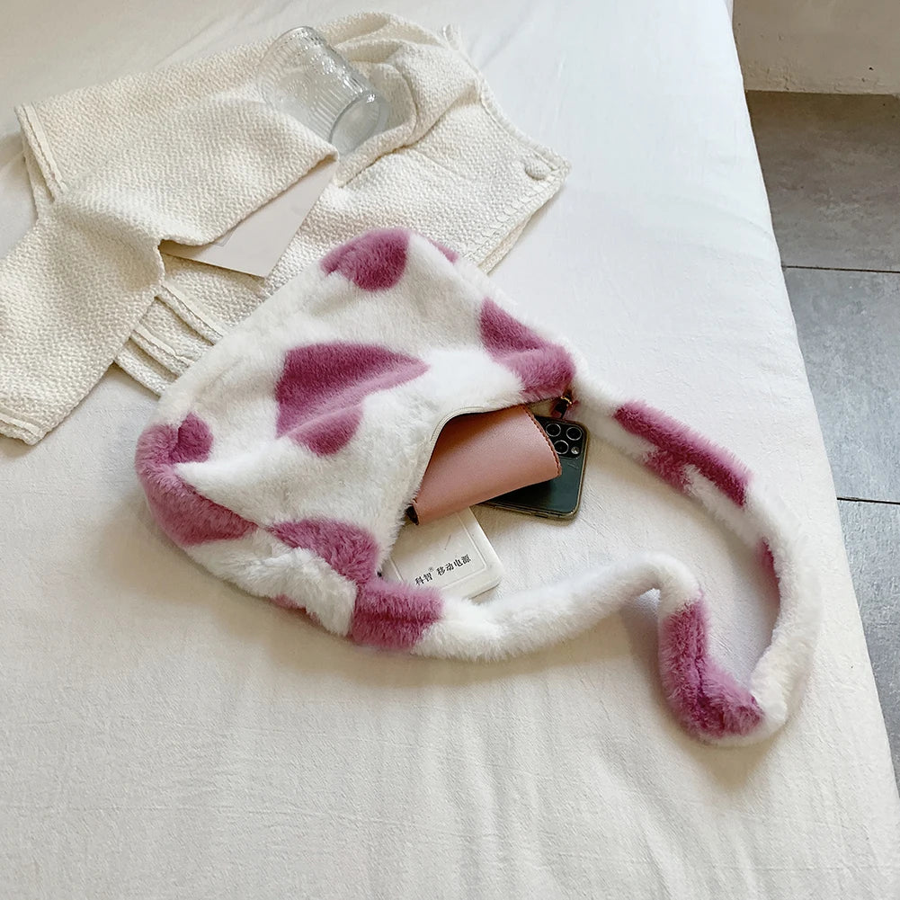 Heart Print Shoulder Bag Winter Soft Plush Crossbody Warm Fluffy Underarm Travel