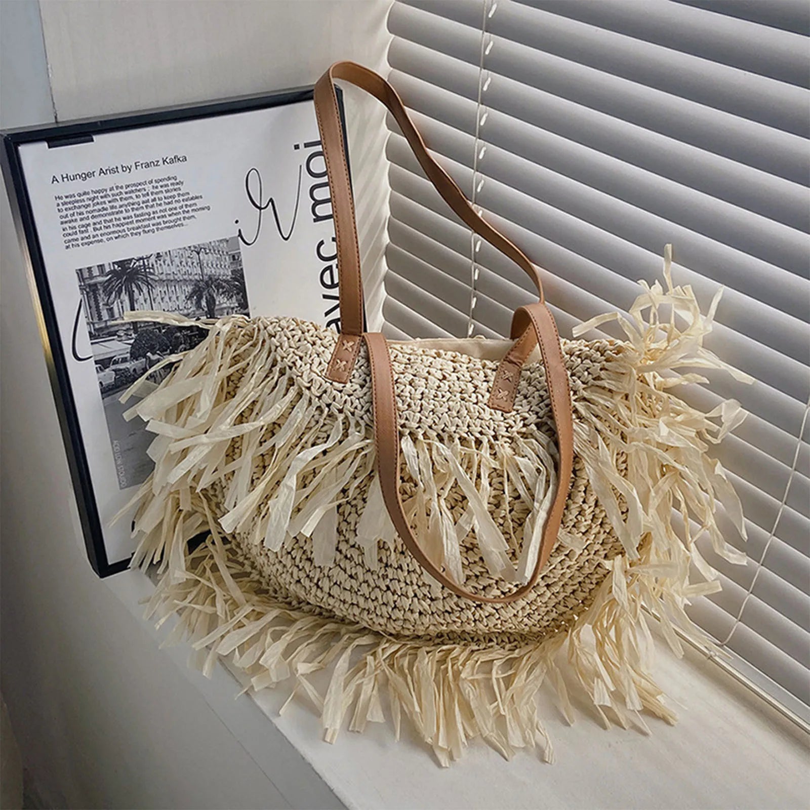 Women Zipper Tassel Woven Beach Bag Straw Handwoven Shoulder Bag