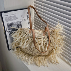Women Zipper Tassel Woven Beach Bag Straw Handwoven Shoulder Bag
