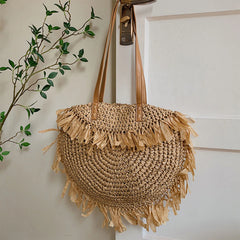 Women Zipper Tassel Woven Beach Bag Straw Handwoven Shoulder Bag