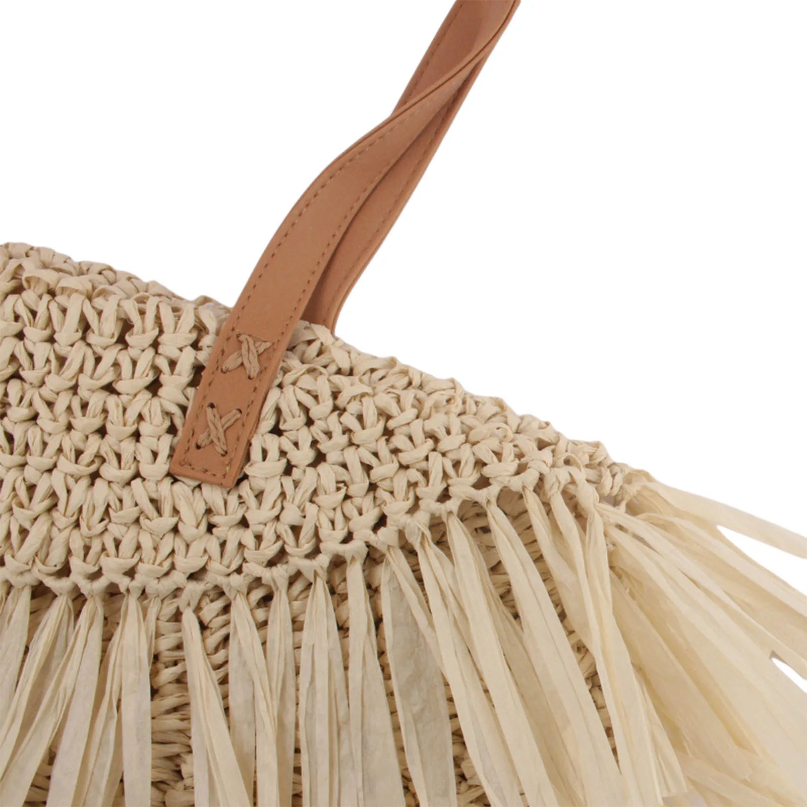 Women Zipper Tassel Woven Beach Bag Straw Handwoven Shoulder Bag