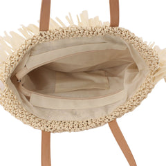 Women Zipper Tassel Woven Beach Bag Straw Handwoven Shoulder Bag
