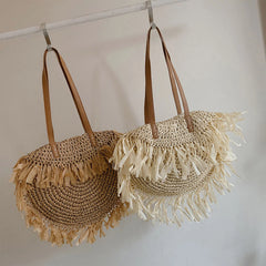 Women Zipper Tassel Woven Beach Bag Straw Handwoven Shoulder Bag