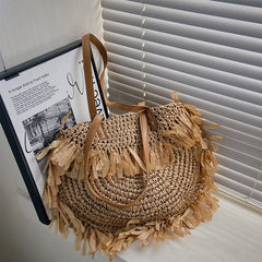 Women Zipper Tassel Woven Beach Bag Straw Handwoven Shoulder Bag