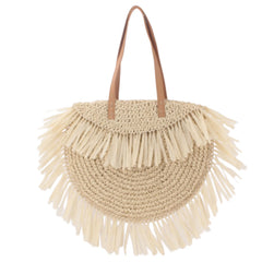 Women Zipper Tassel Woven Beach Bag Straw Handwoven Shoulder Bag