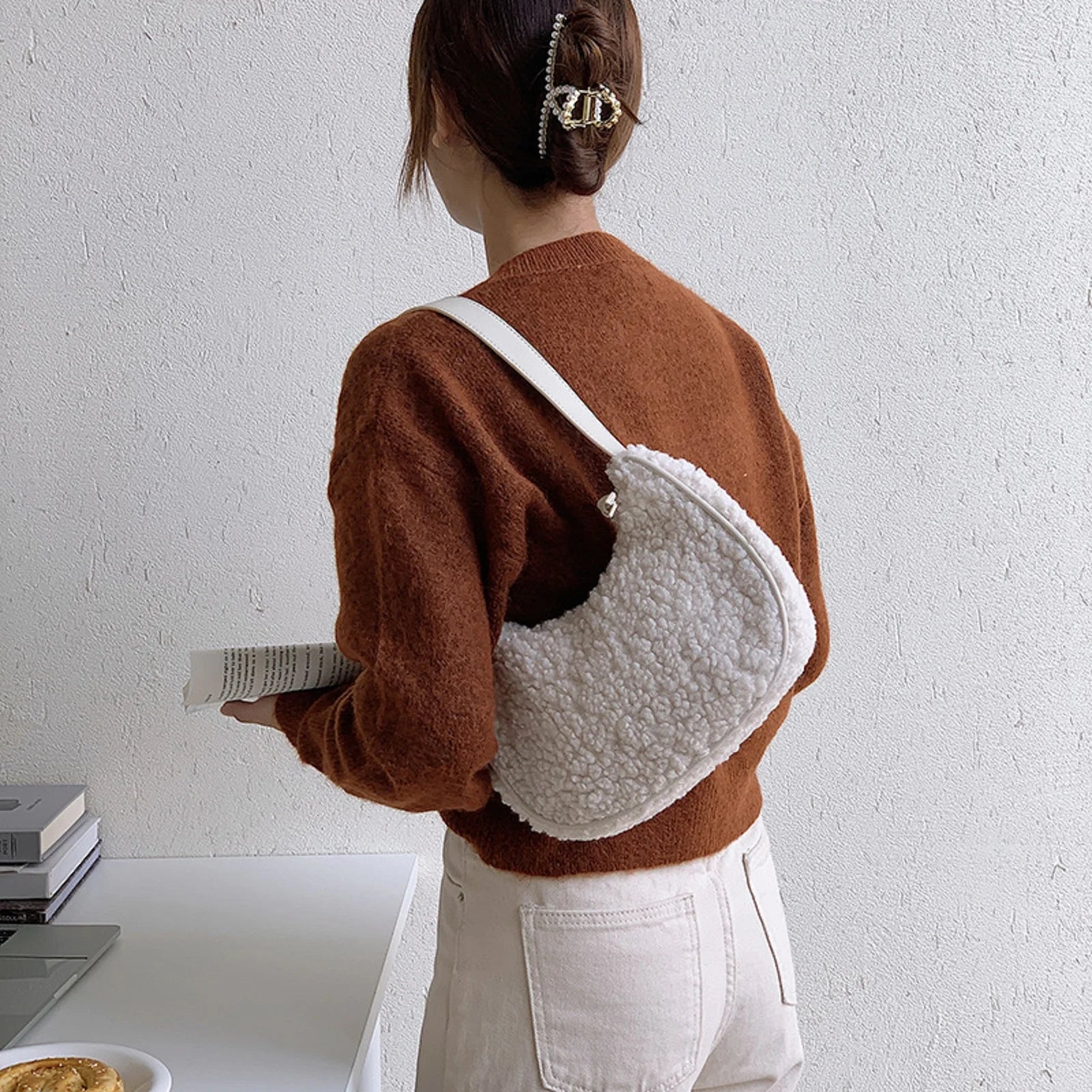 Women Plush Tote Handle Bag Casual Portable Shoulder Handbag