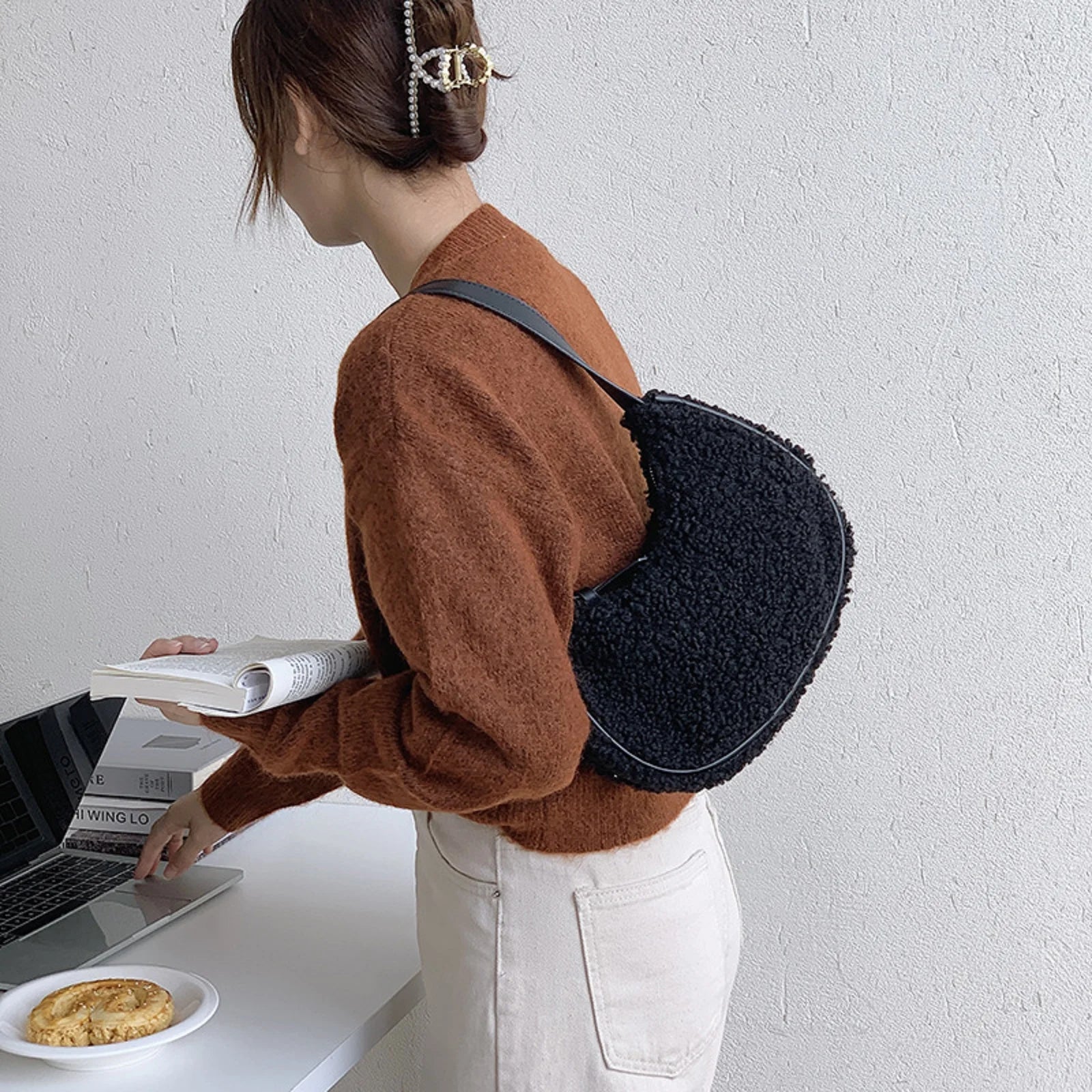 Women Plush Tote Handle Bag Casual Portable Shoulder Handbag