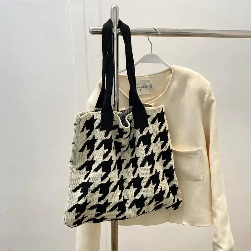 Houndstooth Print Shoulder Bag Knitting Handbag Tote Bag