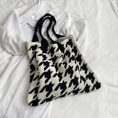Houndstooth Print Shoulder Bag Knitting Handbag Tote Bag