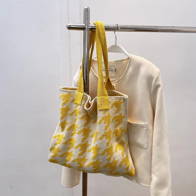 Houndstooth Print Shoulder Bag Knitting Handbag Tote Bag