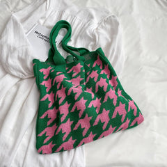 Houndstooth Print Shoulder Bag Knitting Handbag Tote Bag