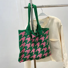 Houndstooth Print Shoulder Bag Knitting Handbag Tote Bag