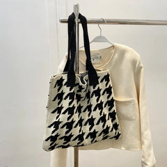 Houndstooth Print Shoulder Bag Knitting Handbag Tote Bag