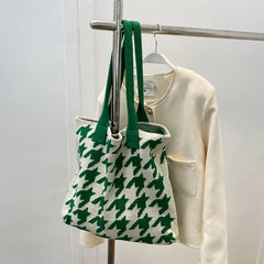 Houndstooth Print Shoulder Bag Knitting Handbag Tote Bag