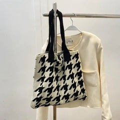 Houndstooth Print Shoulder Bag Knitting Handbag Tote Bag