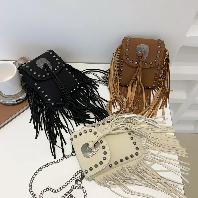 Women Tassel Crossbody Bag Matte Suede Shoulder Bag Feather Messenger Bag