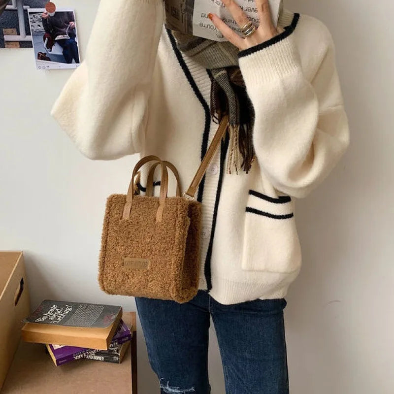 Women Winter Shoulder Bag Lamb Wool Warm Soft Autumn Ins Cross-body Beige Khaki