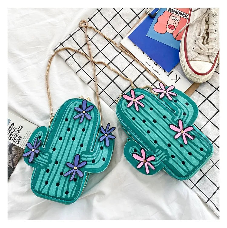 Embroidered Flower Mini Chain Shoulder Bag Green Cactus Shape