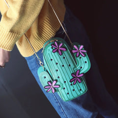 Embroidered Flower Mini Chain Shoulder Bag Green Cactus Shape