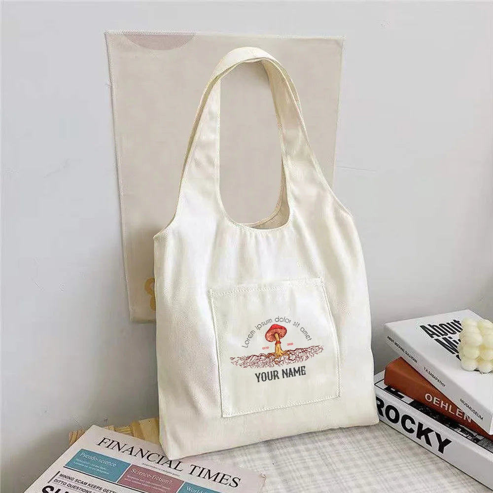 Women's Mushroom Print Canvas Tote Bag, Large Capacity Shoulder Handbag