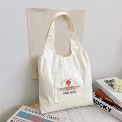 Women's Mushroom Print Canvas Tote Bag, Large Capacity Shoulder Handbag