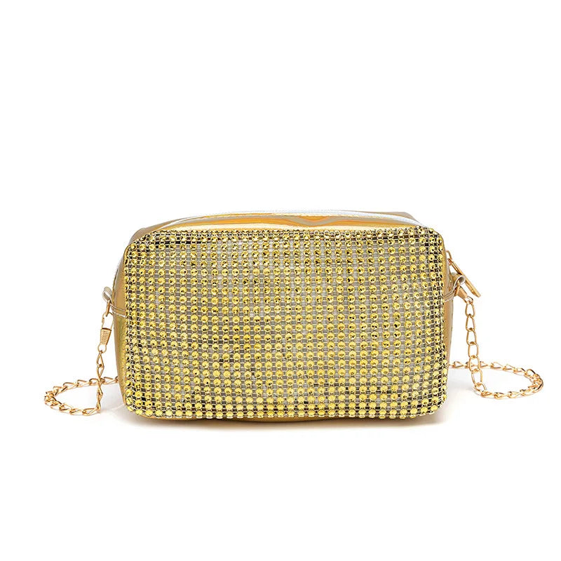 Women's Cosmetic Bag Chain Messenger Crossbody Bag Small Square Shining Diamond