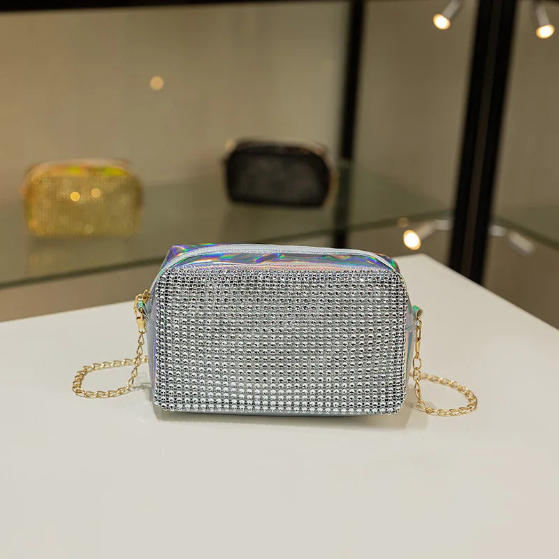 Women's Cosmetic Bag Chain Messenger Crossbody Bag Small Square Shining Diamond