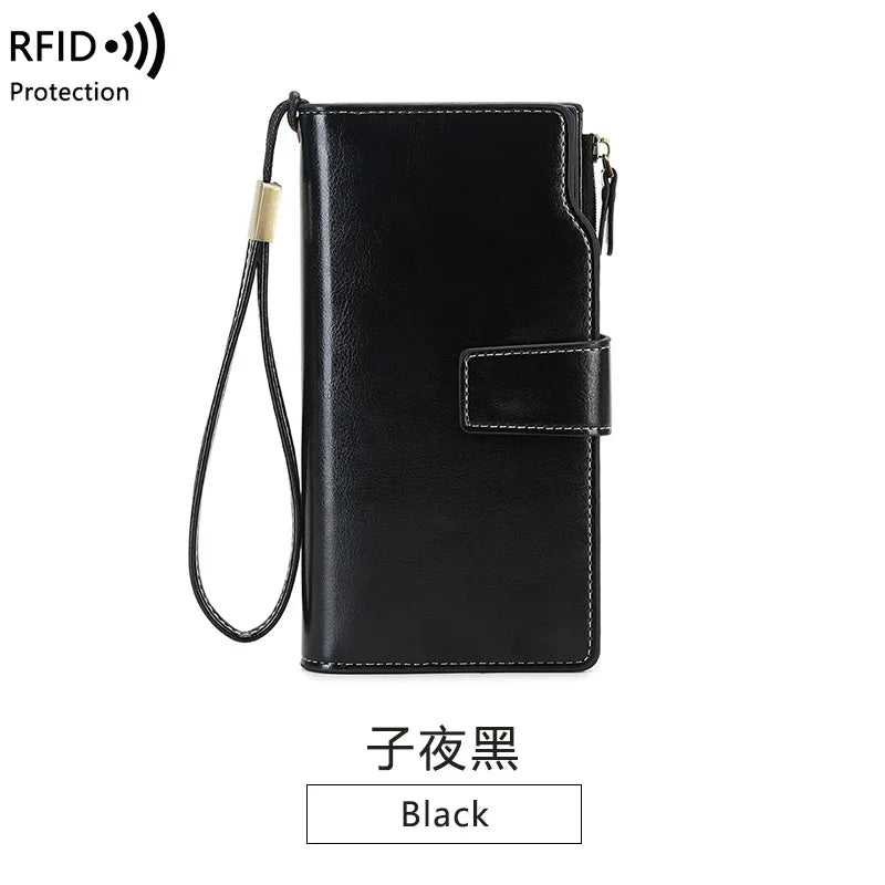 Women's RFID Anti-theft Long Wallet Oil Wax PU Leather Retro Purses