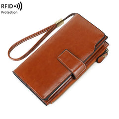 Women's RFID Anti-theft Long Wallet Oil Wax PU Leather Retro Purses