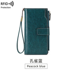 Women's RFID Anti-theft Long Wallet Oil Wax PU Leather Retro Purses