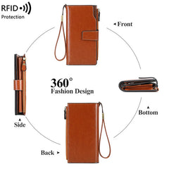 Women's RFID Anti-theft Long Wallet Oil Wax PU Leather Retro Purses