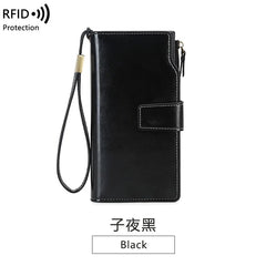 Women's RFID Anti-theft Long Wallet Oil Wax PU Leather Retro Purses