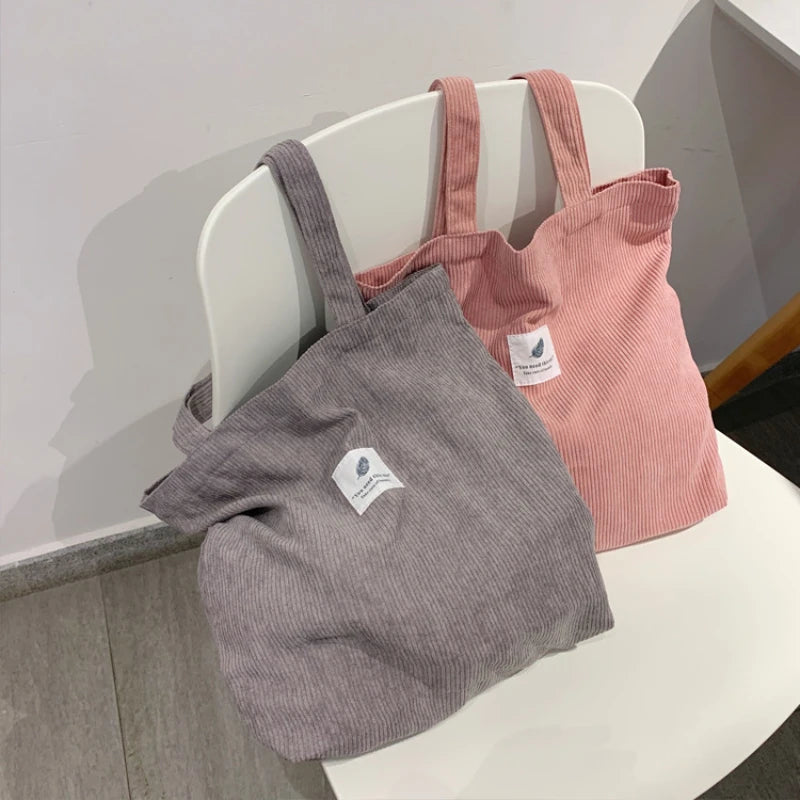 Women's Canvas Shopper Shoulder Bag with Corduroy Material