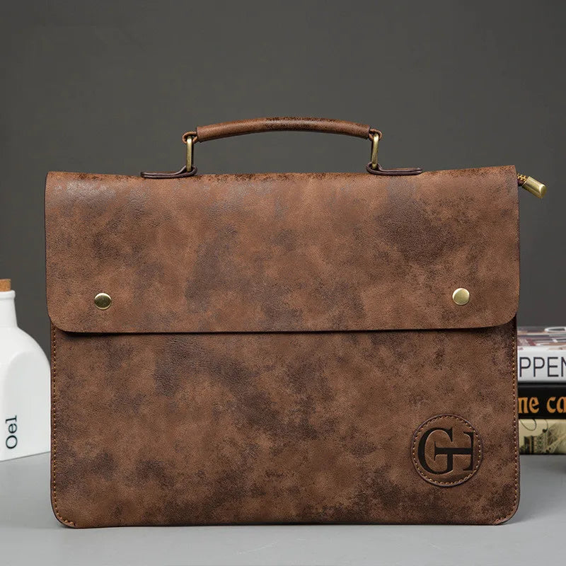Vintage Leather Handbag Casual Men's bag Solid Portable File Tote