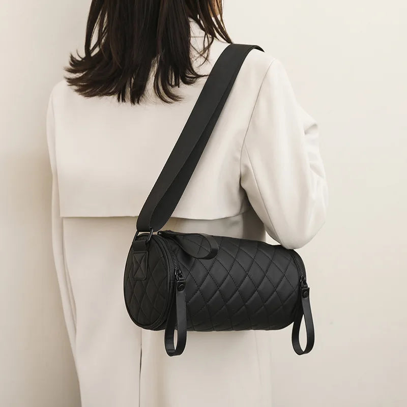 Lingge Single Shoulder Cylinder Women's Bag Wide Shoulder Belt Messenger Bag