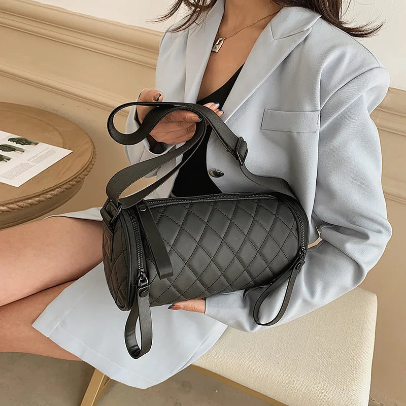 Lingge Single Shoulder Cylinder Women's Bag Wide Shoulder Belt Messenger Bag