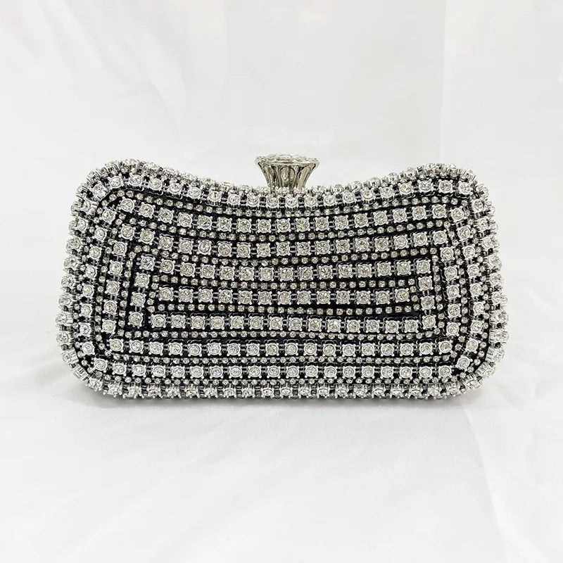 Diamond-Studded Clutch Bag for Wedding Party, Metal Handle Women's Dinner Bag